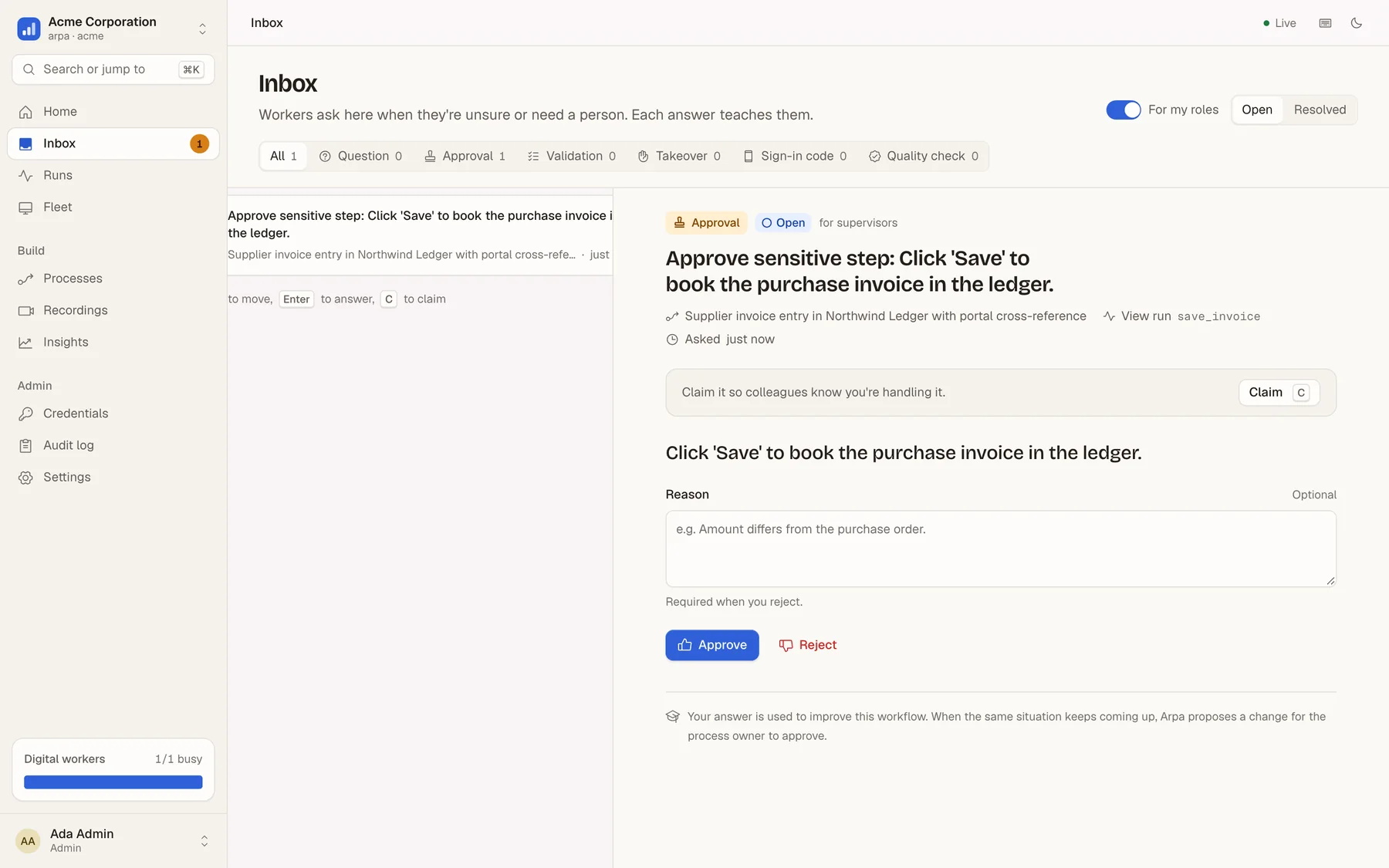 Arpa inbox: a worker asks a supervisor to approve clicking Save to book a purchase invoice