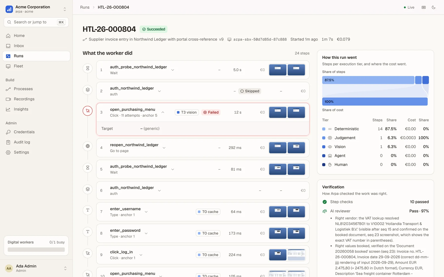 Arpa run detail: step-by-step timeline with tiers and screenshots, cost breakdown and verification by an AI reviewer
