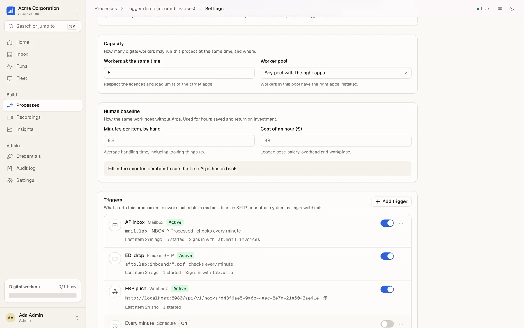 Arpa process settings: triggers for a mailbox, an SFTP folder, a webhook and a schedule